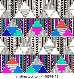 multicolor tribal Navajo vector seamless pattern with triangles. aztec fancy abstract geometric art print. ethnic hipster background. Wallpaper, cloth design, fabric, textile. hand drawn
