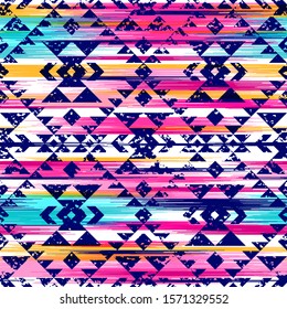 multicolor tribal vector seamless navajo pattern with grunge texture.  aztec abstract geometric art print. Ethnic vector background.  Wallpaper, cloth design, fabric, tissue, cover, textile template.