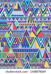 Multicolor tribal vector seamless pattern with doodle triangles. hand drawn. Aztec abstract geometric art print. Ethnic background. Wallpaper, cloth design, fabric, tissue, cover, textile template