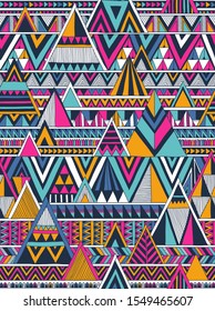 Multicolor tribal vector seamless pattern with doodle triangles. hand drawn. Aztec abstract geometric art print. Ethnic background. Wallpaper, cloth design, fabric, tissue, cover, textile template.