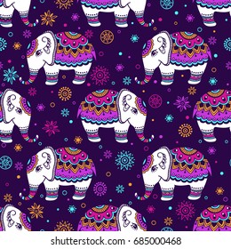 multicolor tribal vector seamless pattern with elephant. Ethnic indian background. Vintage retro color. Hand drawn illustration. Wallpaper, cloth design, fabric, paper, textile, cotton