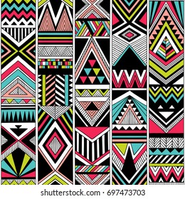 Multicolor Tribal Vector Seamless Pattern. Aztec Fancy Abstract Geometric Art Print. Ethnic  Background. Doodle Hand Drawn. Wallpaper, Cloth Design, Fabric, Tissue, Cover, Textile Template.