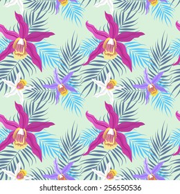 Multicolor tropical flowers pattern on light green background