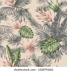 Multicolor tropical palm, banana, monstera leaves seamless vector botanical pattern on the beige background