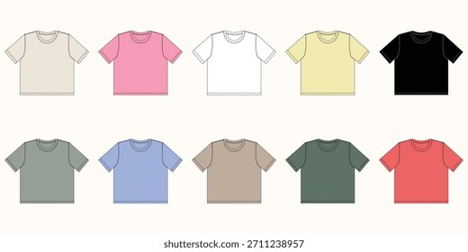 Mehrfarbiges T-Shirt-Mockup-Set mit Blanko-Bekleidungsschablone in der Vorderansicht für Designvorschau