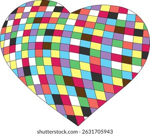Multicolor twisted checkered heart shape with warped grid pattern on black background symbolizing diversity and love concept
