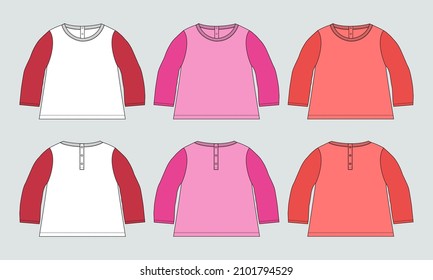 Multicolor Two tone Long sleeve T shirt dress design template for baby girls. Technical Fashion flat sketch vector illustration mock up front and back views isolated on Grey background.
