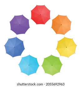 Multicolor umbrella set, in flat style isolated on white background. Design Template of Opened Parasols Rainbow colors. Top view. Vector illustration. EPS 10. 
