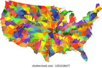 Multicolor USA Map in Low Poly Style on isolated white background. United States of America area in Polygonal diamond style for your design.