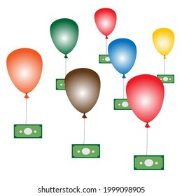 Mehrfarbige Vektorballons und Geld . Illustration im Cartoon-Stil.