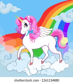Multicolor vector cartoon baby Illustration of white pony unicorn princess character with big eyes, golden horn, feather wings and pink mane standing on clouds with rainbow. Banner, poster, postcard.