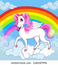 Multicolor vector cartoon kids Illustration of white pony unicorn princess character with big eyes, golden horn, feather wings, hooves on the cloud with rainbow. Long pink hair, mane, tail. Banner.