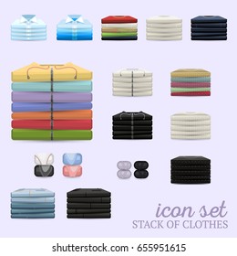 Multicolor vector clothing piles realistic icon set with shadows. Sweatshirts, pullovers, trousers, etc in flat piles. Suitable for print or shop icons. Fully editable.