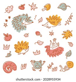 Multicolor vector collection of hedgehogs and autumn elements. Hand drawn illustration for decor and design.
