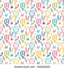 Multicolor Vector Festive attributes. Holiday seamless pattern. Celebratory background with Hand Drawn doodle Balloons, sweets, stars