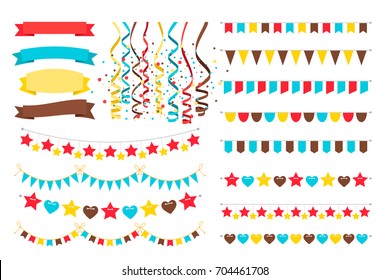 Multicolor vector garlands, adornment flags on strings and bright pennant for invitation card design and carnival banners isolated on white background