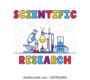 Multicolor vector illustration on scientific theme in flat style. Flasks, retord stands, microscope, precision balance and alcohol burner with hand drawn lettering Scientific Research.