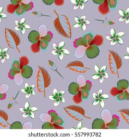 Multicolor vector illustration. Seamless exotic pattern with many multicolored tropical flowers on a neutral background. Blooming jungle.