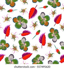 Multicolor vector pattern on white background. Vintage tropical hibiscus flowers, leaves and buds.