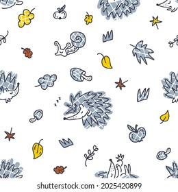 Multicolor vector seamless autumn pattern with checkered hedgehogs. Perfect for scrapbooking, poster, textile and prints. Hand drawn illustration for decor and design.