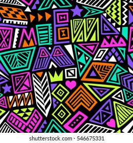 multicolor vector seamless pattern with abstract shapes. geometric art print. fashion 80s-90s. memphis style design. ethnic hipster backdrop. hand drawn. Wallpaper, cloth design, fabric, textile. 