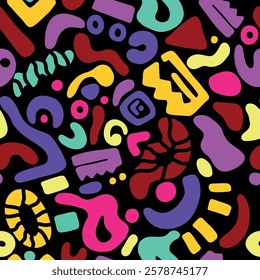 Multicolor vector seamless pattern with bright abstract shapes. 