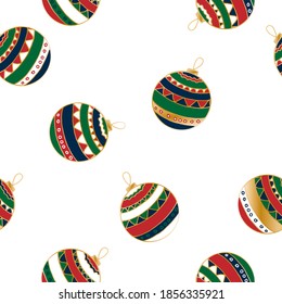Multicolor vector seamless pattern with christmas bauble on white background. Doodle style for decoration, wrapping, greeting card.