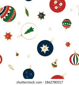 Multicolor vector seamless pattern with christmas bauble on white background. Doodle style for decoration, wrapping, greeting card.