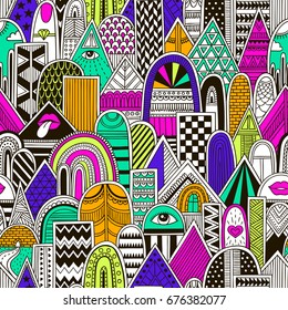 Multicolor vector seamless pattern with geometric shapes and doodle elements.  fancy abstract art print. ethnic tribal background. hand drawn. Wallpaper, cloth design, fabric, cover, textile template