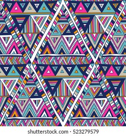 multicolor vector seamless pattern with triangles. Geometric doodle art print  in tribal style. Abstract ethnic vector background. Wallpaper, fabric, textile, wrapping paper. Hand drawn