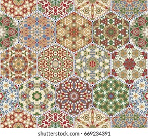 Multicolor vector set of hexagonal tiles in Arabic style. Oriental designs for the design of ceramics, textiles or scrapbooking.