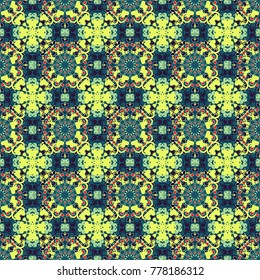 Multicolor vector sketch. Abstract Mandalas background. Geometric polygonal design. Futuristic seamless pattern in orange, green and blue colors.