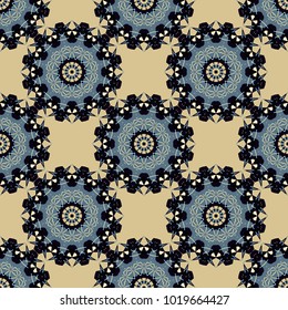Multicolor vector sketch. Futuristic seamless pattern in black, gray and beige colors. Abstract Mandalas background. Geometric polygonal design.