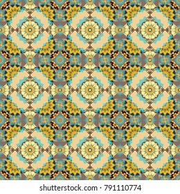 Multicolor vector sketch. Futuristic seamless pattern in blue, yellow and beige colors. Abstract Mandalas background. Geometric polygonal design.