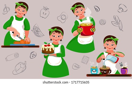 Multicolor vector women cook character in green dress with white apron on gray background with substrate 
from the contours of food. 
