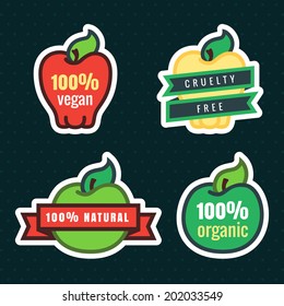 Multicolor vegan, cruelty free, natural and organic products apple stickers in vector
