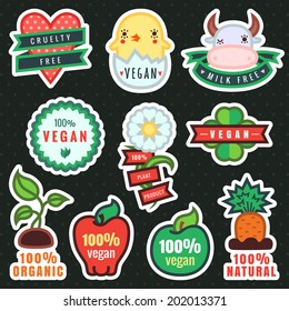 Multicolor vegan, plant and organic products stickers in vector