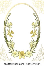 Multicolor vertical oval frame on a white and gold  background. Template for a wedding or greeting cards, invitations, labels. Hand drawn daffodils vector illustration.