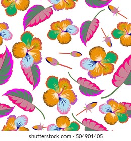 Multicolor vintage vector floral seamless pattern with hibiscus, leaves and buds on a white background.