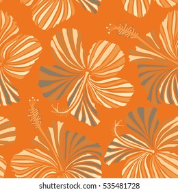 Multicolor vintage vector floral seamless pattern with hibiscus, leaves and buds on a orange background.