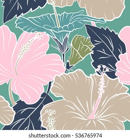 Multicolor vintage vector floral seamless pattern with hibiscus, leaves and buds on a blue background.