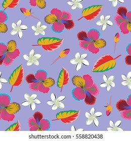 Multicolor vintage vector floral seamless pattern with hibiscus, leaves and buds on a neutral background.
