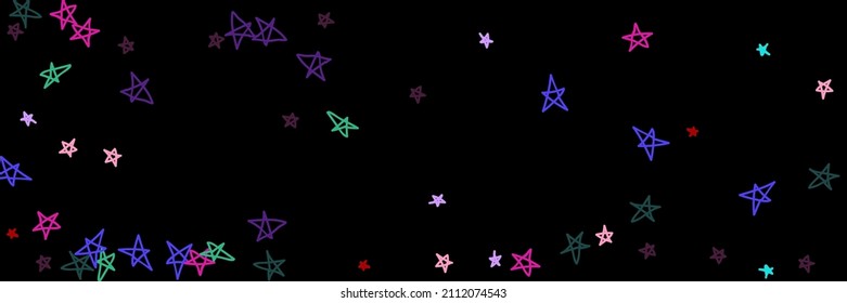 Multicolor Vivid Red Night Naive Kids Chaotic Handdrawn Stars. Dark Bordo Childish Mint Black Vibrant Violet Lavender Sky Background. Green Pastel Purple Colorful Pink Bright Stars Illustration.