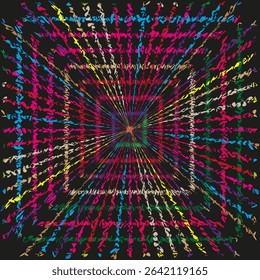 Multicolor vortex grid. Radial plaid illusion. Spinning vector pattern. Abstract check form.