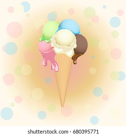 Multicolor waffle ice cream cone, poster for used for wallpaper, printing on the packaging paper, textiles