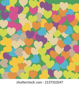 Multicolor Warm Orange Modern Art Pattern. Bright Purple Hearts Love Confetti Vector Print. Pastel Blue Simple Romantic Wedding Art. Beige Yellow Violet Saint Valentine Art Illustration.