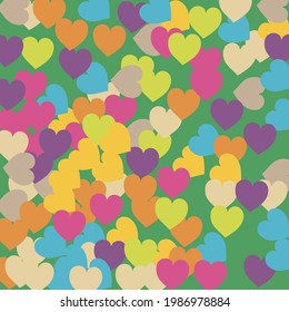 Multicolor Warm Romantic Wedding Art Background. Light Purple Hearts Love Confetti Vector Art. Green Pink Blue Saint Valentine Art Illustration. Colorful Orange Beige Ornamental Fabrics.