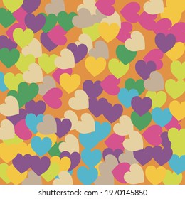 Multicolor Warm Violet Saint Valentine Art Illustration. Beige Pink Romantic Wedding Art Background. Light Yellow Modern Ornamental Fabrics. Bright Pastel Hearts Love Confetti Vector Art.