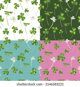 Multicolor watercolor leaf clovers. Dark Green Confetti background with Pastel Pink, green and Yellow Clovers. Summer multicolor chaotic mess of leaf clovers shamrock texture. Greenery theme.
