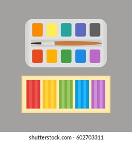 Multicolor watercolour paint box and plasticine vector illustration drawing container education school and hobby tool creativity colorful palette equipment.